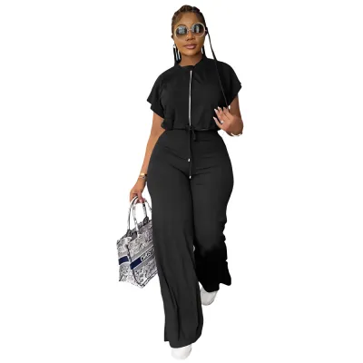 Women Casual Solid Color Drawstring Short-Sleeve Top High Waist Pants Two-Piece Set