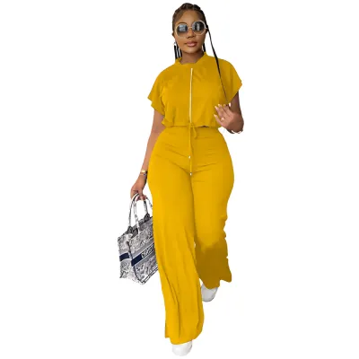 Women Casual Solid Color Drawstring Short-Sleeve Top High Waist Pants Two-Piece Set