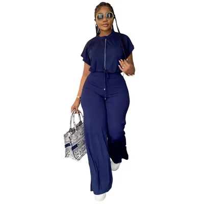 Women Casual Solid Color Drawstring Short-Sleeve Top High Waist Pants Two-Piece Set