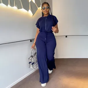Women Casual Solid Color Drawstring Short-Sleeve Top High Waist Pants Two-Piece Set
