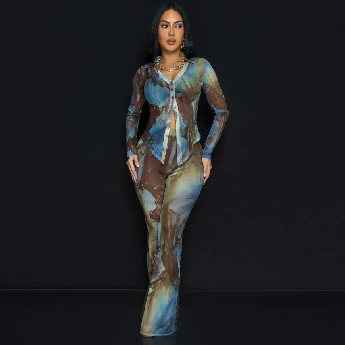 Women Sexy Mesh Printed Lapel Long-Sleeve Top Wide Leg Pants Two-Piece Set