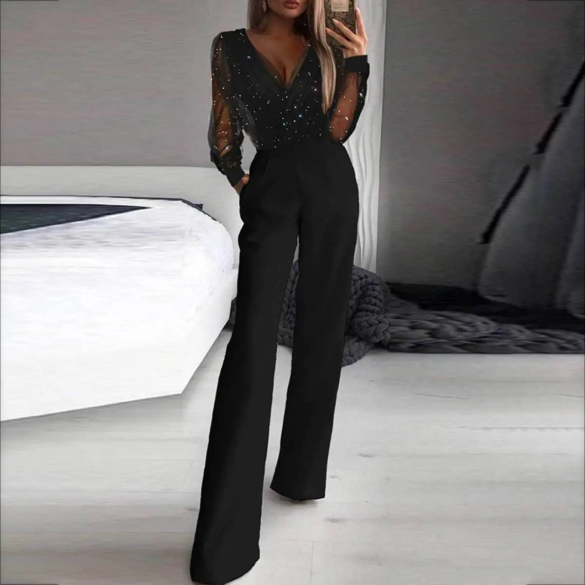 Women Fashion Sexy Mesh Stitching V-Neck Long-Sleeve Jumpsuits