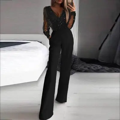 Women Fashion Sexy Mesh Stitching V-Neck Long-Sleeve Jumpsuits