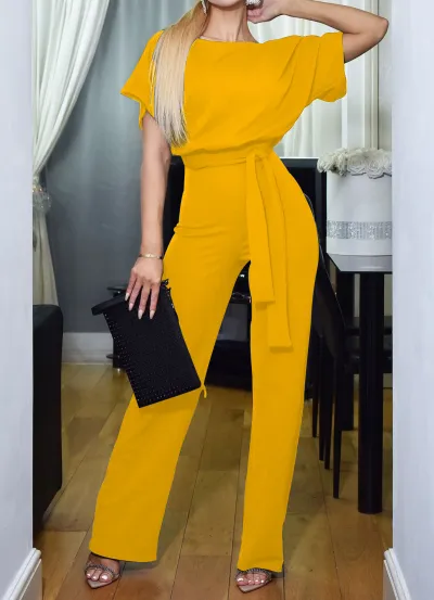 Women Fashion Casual Solid Color Round-Neck Short-Sleeved Lace-Up Button Jumpsuit