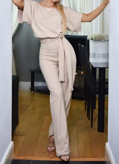 Women Fashion Casual Solid Color Round-Neck Short-Sleeved Lace-Up Button Jumpsuit