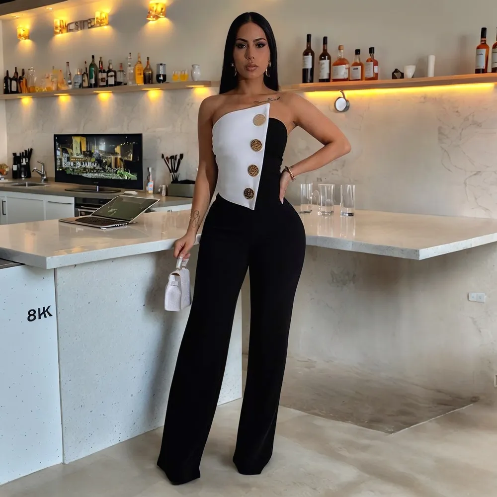Women Fashion Sexy Contrast Color Sleeveless Metal Buckle Slim Fit Jumpsuit