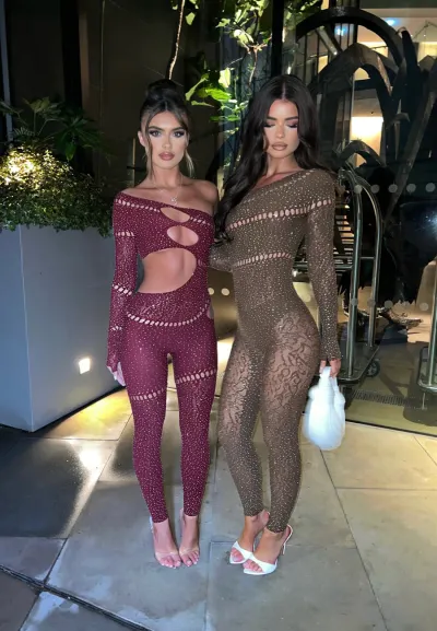 Women Sexy Solid Color Irregular Mesh Rhinestone Hollow-Out Long-Sleeve Jumpsuits