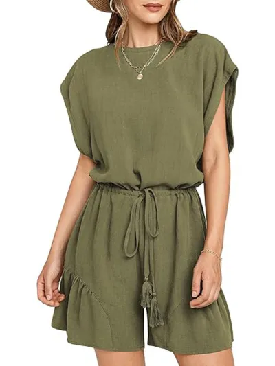 Women Casual Solid Color Cotton Linen Short-Sleeved Drawstring Lace-Up Rompers
