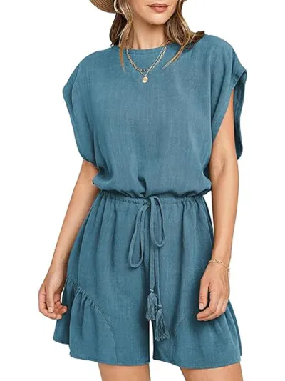 Women Casual Solid Color Cotton Linen Short-Sleeved Drawstring Lace-Up Rompers