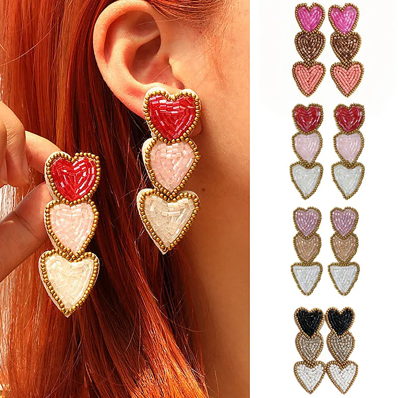 Hand-Stitched Three-Layer Love Heart Pendant Earrings Fashion Commuter Rice Beads Party Valentine