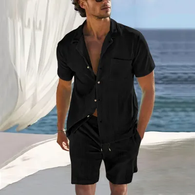 Men Fashion Casual Striped Short Sleeve Lapel Shirt Shorts Sets