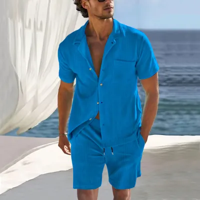 Men Fashion Casual Striped Short Sleeve Lapel Shirt Shorts Sets