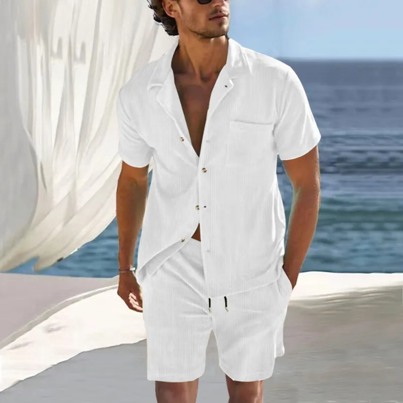 Men Fashion Casual Striped Short Sleeve Lapel Shirt Shorts Sets