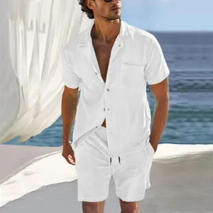 Men Fashion Casual Striped Short Sleeve Lapel Shirt Shorts Sets