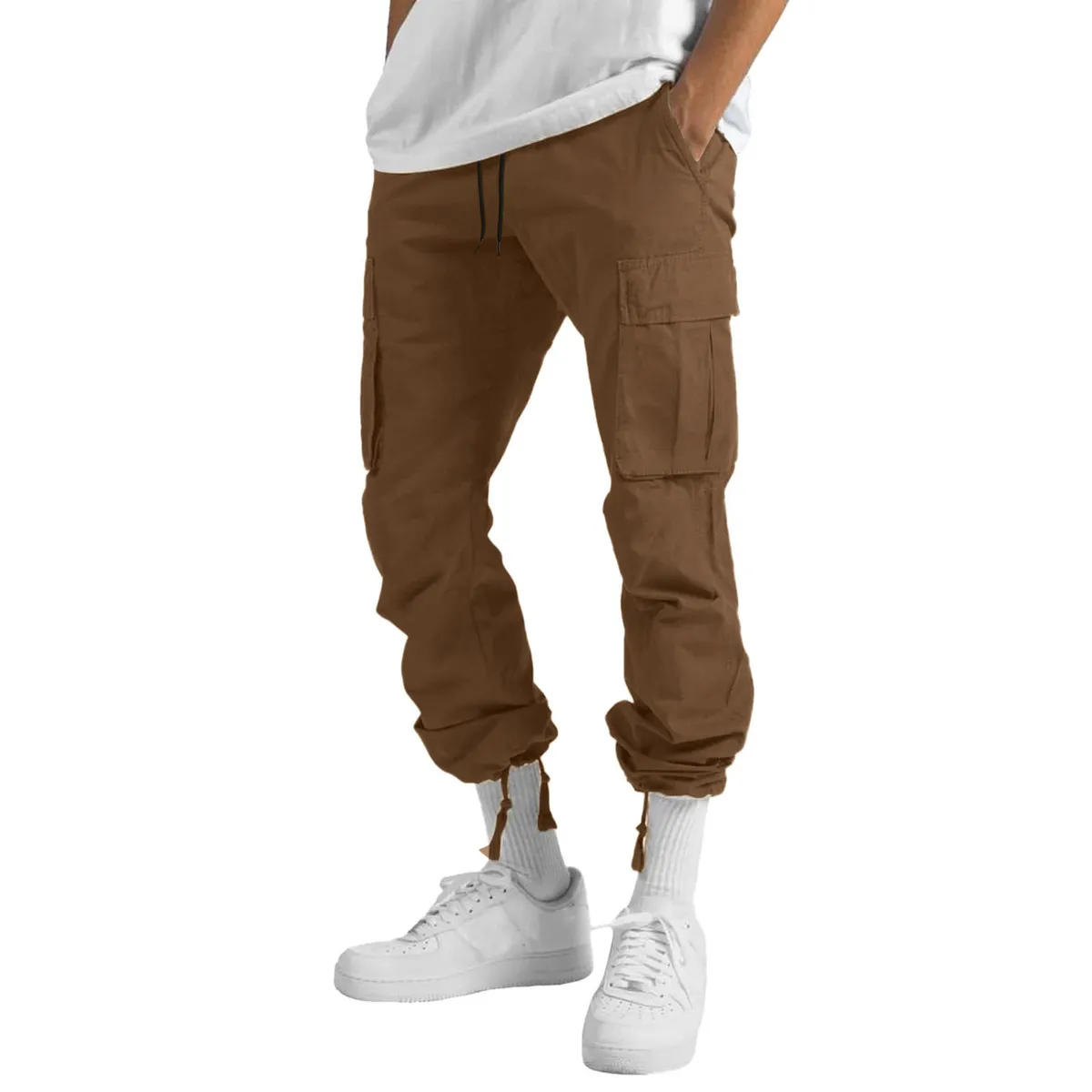 Men Fashion Casual Solid Color Plus Size Cargo Pants Loose Fit Multi-Pocket