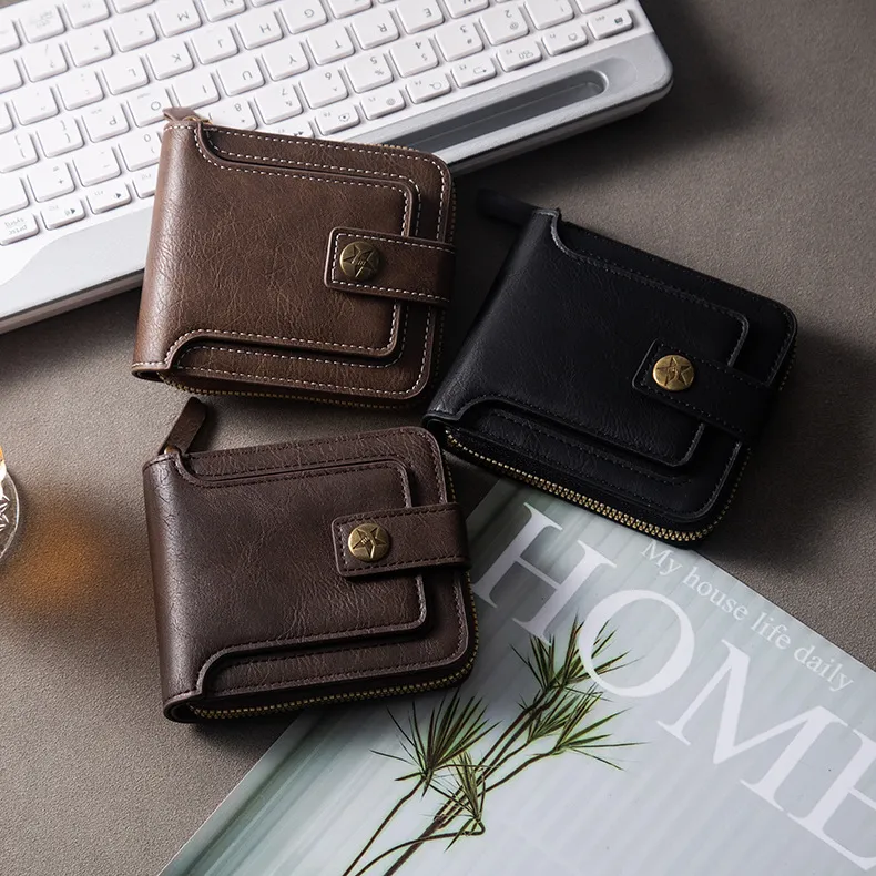 Men Fashion Solid Color Three-Fold Multi-Functional Wallet PU Cowhide Lining