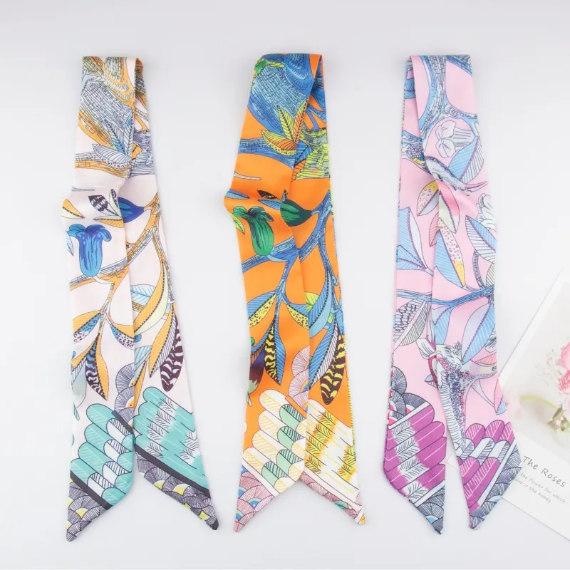 Women Fashion Elegant Flower And Bird Printed Hair Band Silk Scarf