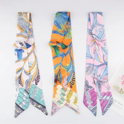 Women Fashion Elegant Flower And Bird Printed Hair Band Silk Scarf