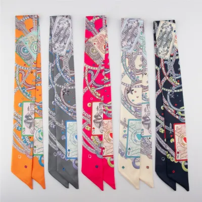 Women Fashion Beige Poker Pattern Small Long Silk Scarf