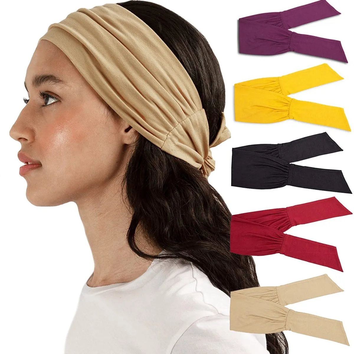 Women Fashion Solid Color Knot Yoga Sports Elastic Wide Headband
