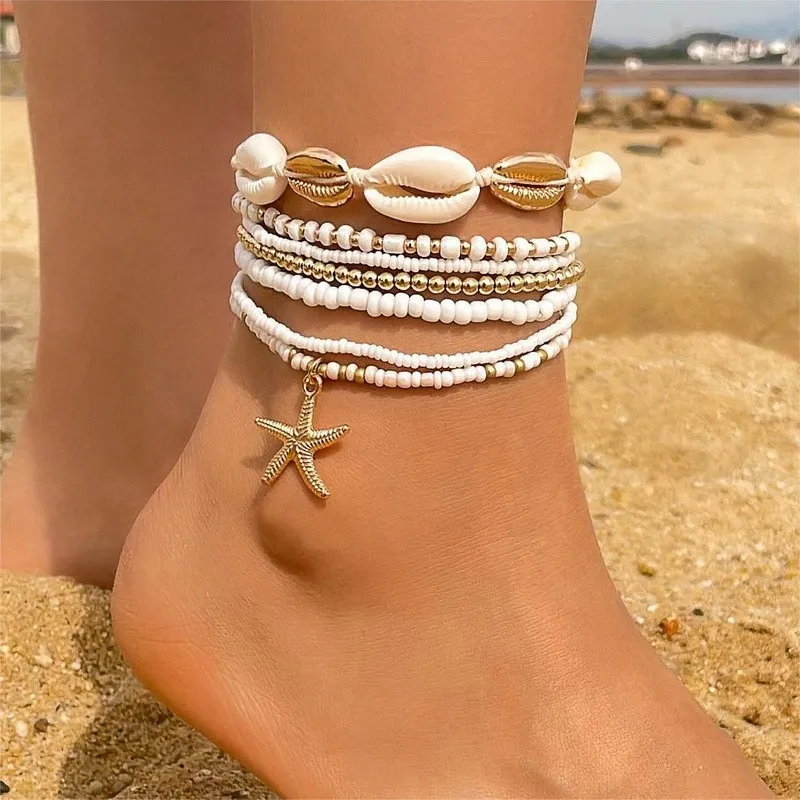 Women's Fashion Starfish Shell Beads Beach Elastic Anklet Set Jewelry