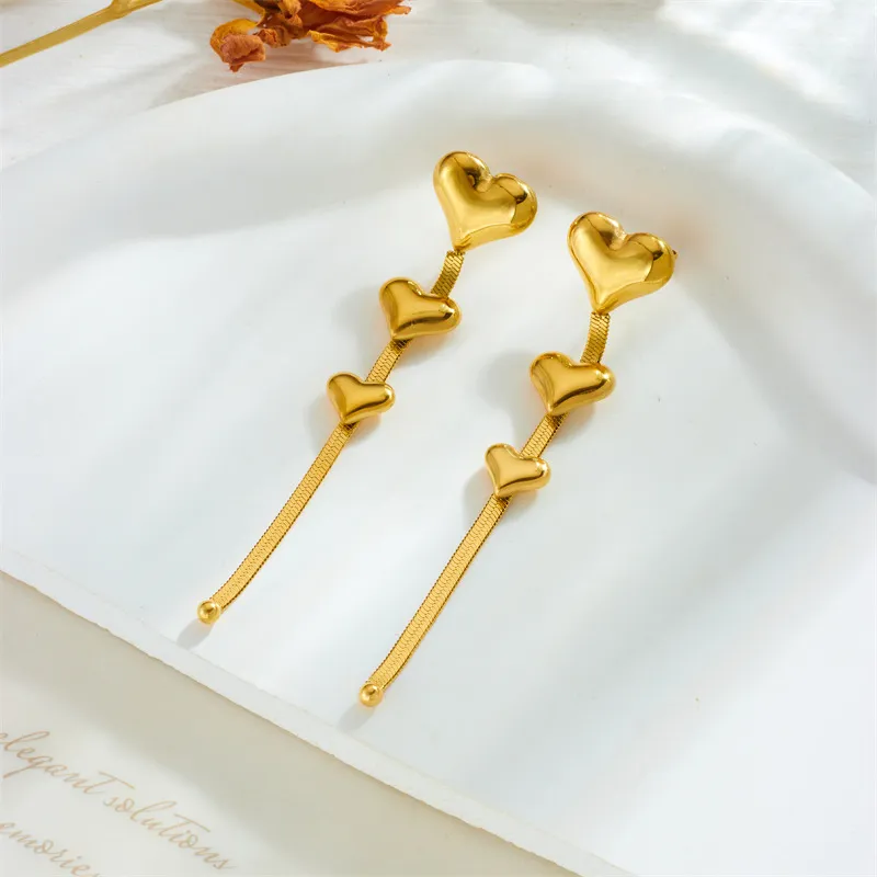 Women Fashion Titanium Steel Heart Chain Tassel Earrings