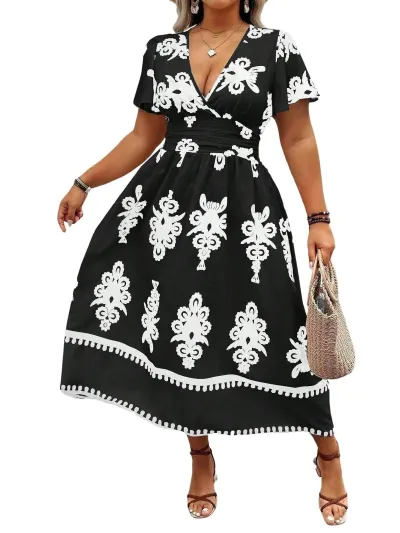 Women Plus Size Casual Geometric Print V-Neck Short-Sleeve Dress