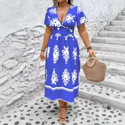 Women Fashion Casual Plus Size Geometric Print V-Neck Short-Sleeve Dress
