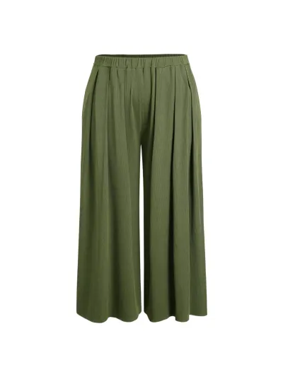 Women Casual Plus Size Solid Color Loose Elastic-Waist Polyester Pants