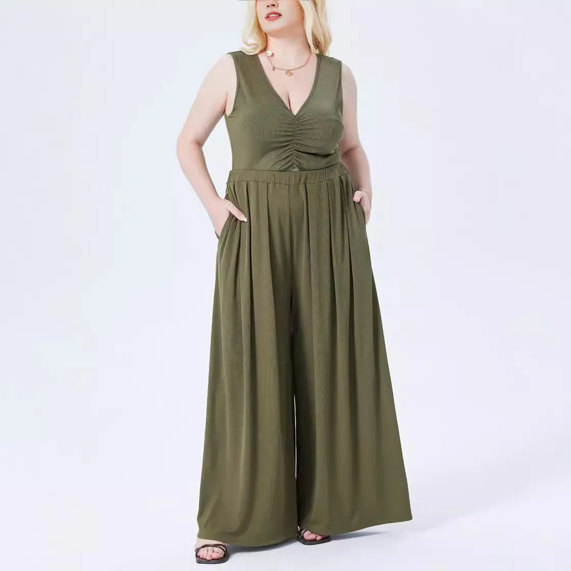 Women Casual Plus Size Solid Color Loose Elastic-Waist Polyester Pants