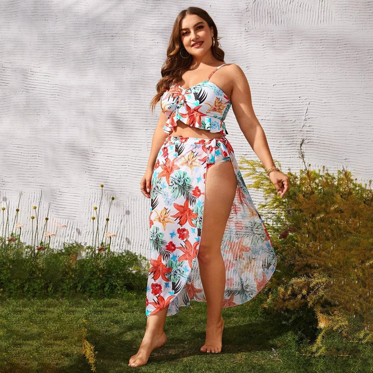 Women Plus Size Floral Printed Ruffled Swimsuit Three-Piece Set