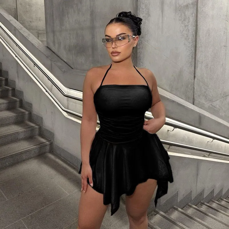 Women Nightclub Fashion Sexy Irregular Solid Color Halter-Neck Sleeveless Bodycon Dress