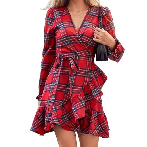 Women Casual Plaid Printed V-Neck Bubble Sleeve Lace-Up Ruffled Dress