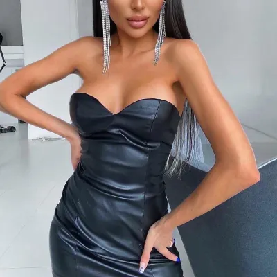 Women Party Valentine Sexy Solid Color Sleeveless Slim-Fit Strapless Bodycon Dress