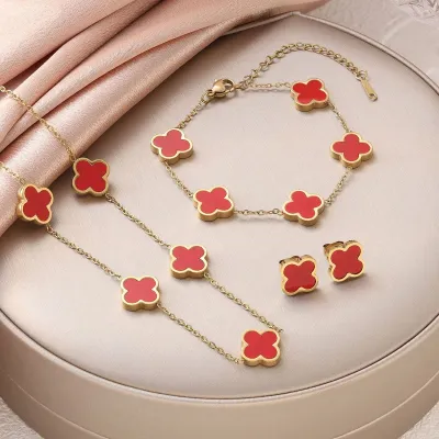 Fashion Titanium Steel Four-Leaf Clover Double-Sided Fritillary Jewelry Set