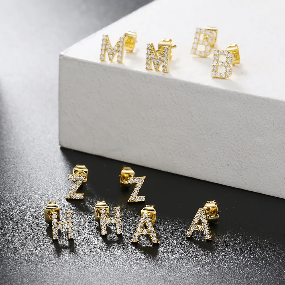 Women Fashion Simple 26 Alphabet Zircon Stud Earrings