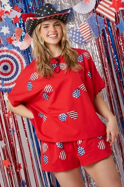 Women Casual Sequin Short Sleeve Top Loose Short Two-Piece Set for Party Festivals
