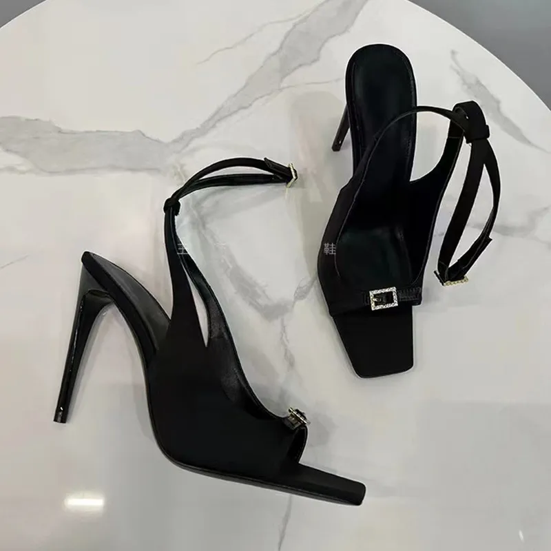 Women Sexy Rhinestone Square Toe Buckle High Heels Shoes
