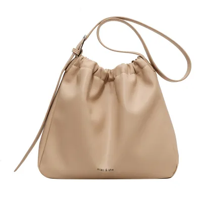 Women Fashion Solid Soft PU Leather Bucket Shoulder Bag with Zipper