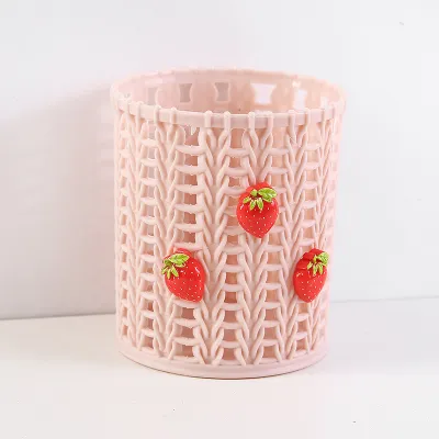 fashion Cute Cartoon Imitation Rattan Round Plastic Pen Holder Desk Stationery