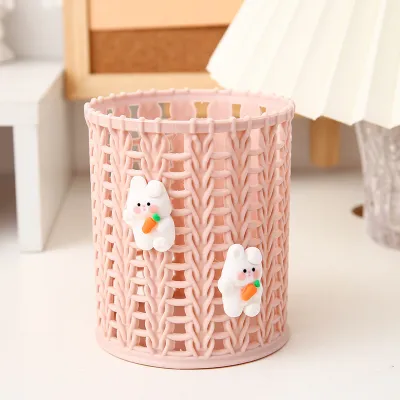 fashion Cute Cartoon Imitation Rattan Round Plastic Pen Holder Desk Stationery