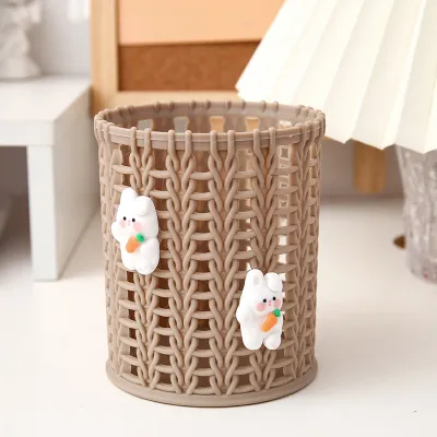 fashion Cute Cartoon Imitation Rattan Round Plastic Pen Holder Desk Stationery