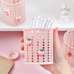 fashion Cute Cartoon Imitation Rattan Round Plastic Pen Holder Desk Stationery