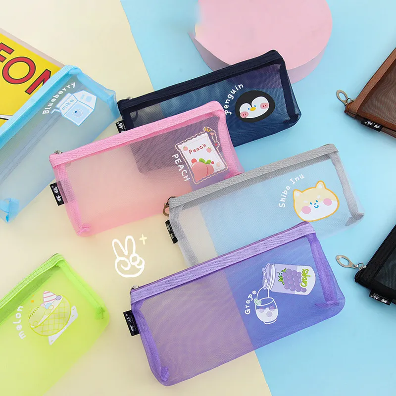 Cute Cartoon Mesh Transparent Large Capacity Pencil Pouch