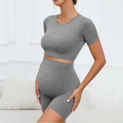 Maternity Quick-Drying Breathable Rib Knit Short-Sleeved Top and Shorts Sports Yoga Set