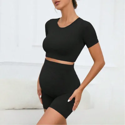 Maternity Quick-Drying Breathable Rib Knit Short-Sleeved Top and Shorts Sports Yoga Set