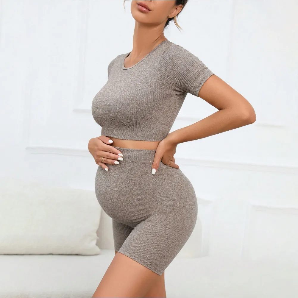 Maternity Quick-Drying Breathable Rib Knit Short-Sleeved Top and Shorts Sports Yoga Set