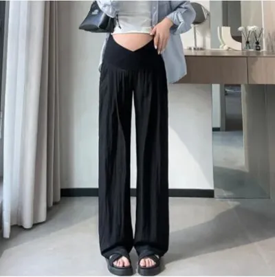 Maternity Casual Solid Color Thin High-Waisted Wide Leg Pants