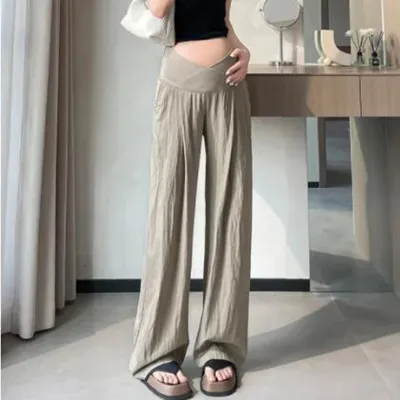 Maternity Casual Solid Color Thin High-Waisted Wide Leg Pants