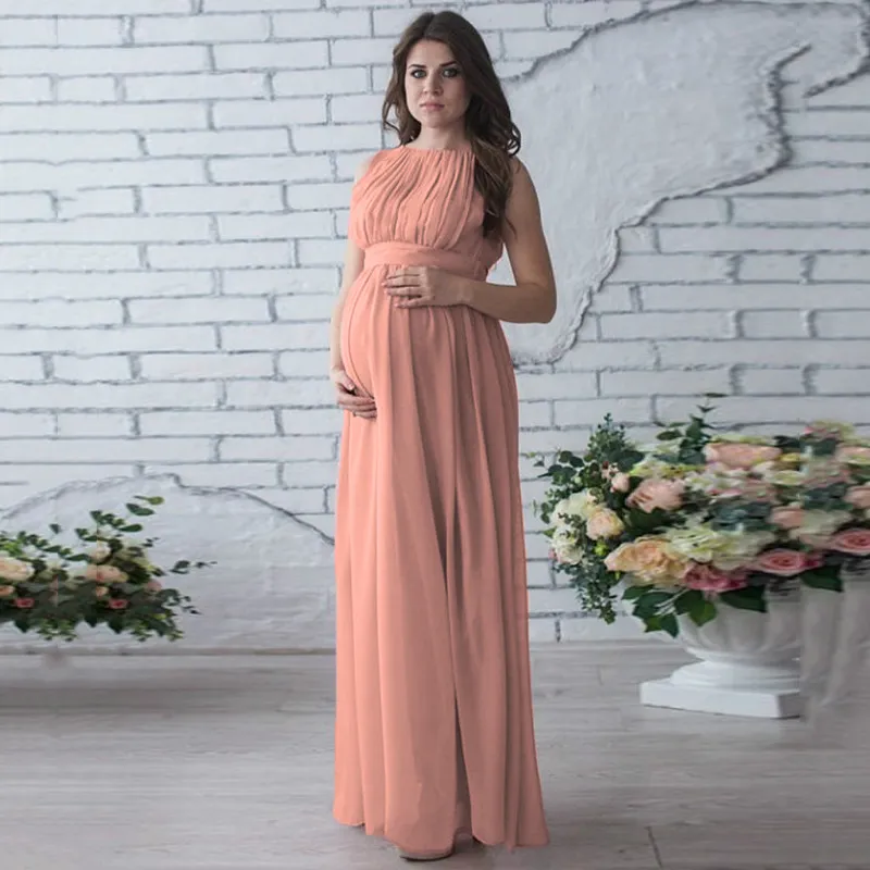 Pregnant Women Casual Solid Color Round Neck Sleeveless Pleated Dress